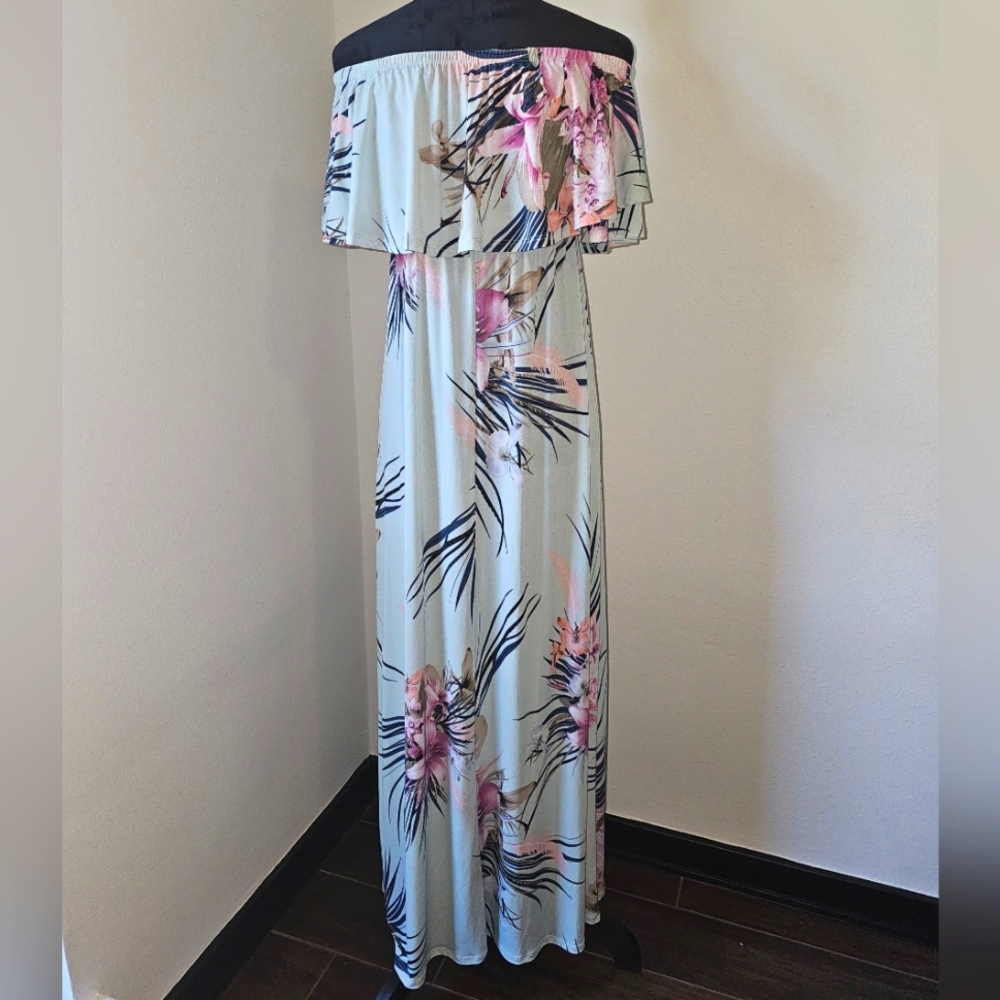 Mint floral off shoulder ruffle top maxi dress by Saved By The Dress